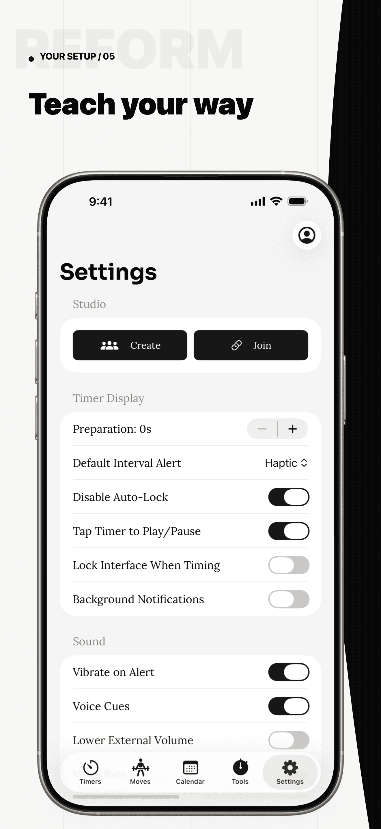 ReformCue studio setup controls on iPhone